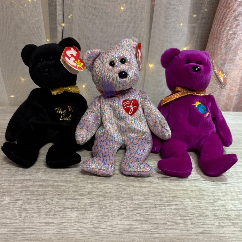 Ty Black, Multicolored, and Purple Plush Bear Trio